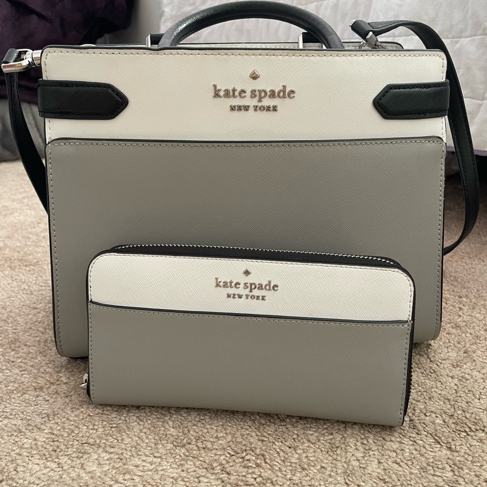Grey, White, and Black Kate Spade Satci Medium Purse and Wallet